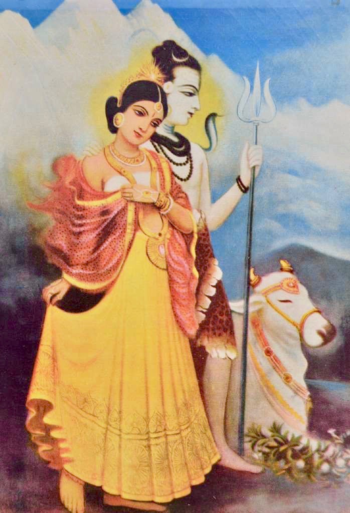 Raja Ravi Varma oleograph of Shiva and Parvati seated with Nandi on Mount Kailash
